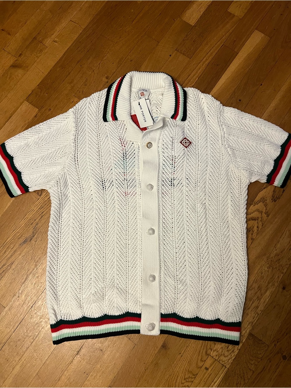 Casablanca White Knit Short-Sleeve Button-Down Polo with Stripe Trim